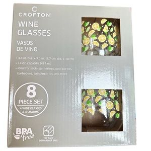 Crofton (4) Wine Glasses & (4) Multi-Colored Charms, NIB. 14 oz. capacity.